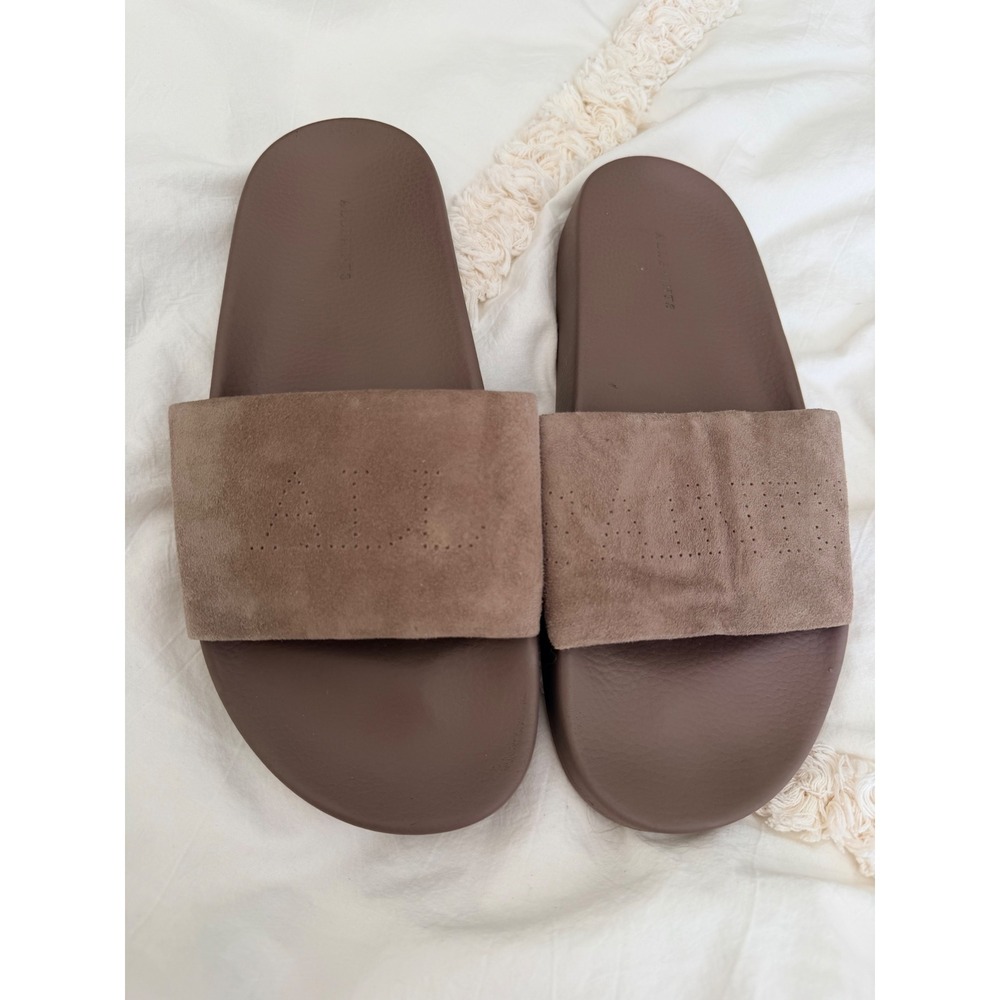 AllSaints Karli Suede Slides Brown Taupe Perforated Logo Sandals ZW0187 Size 8